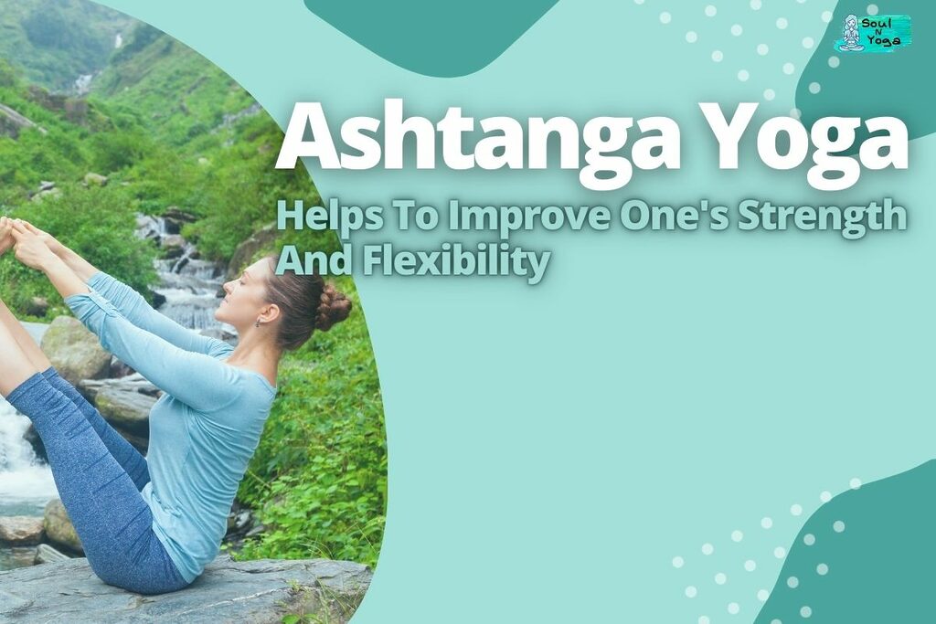 A woman in blue top doing yoga next to a waterfall.