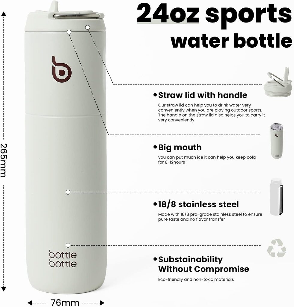 BOTTLE BOTTLE Insulated Water Bottle 24oz with Straw Lid and Handle for Sports Travel Gym Stainless Steel Water Bottles Double-Wall Vacuum Metal Thermos Bottles Leak Proof BPA-Free (Light Pink)