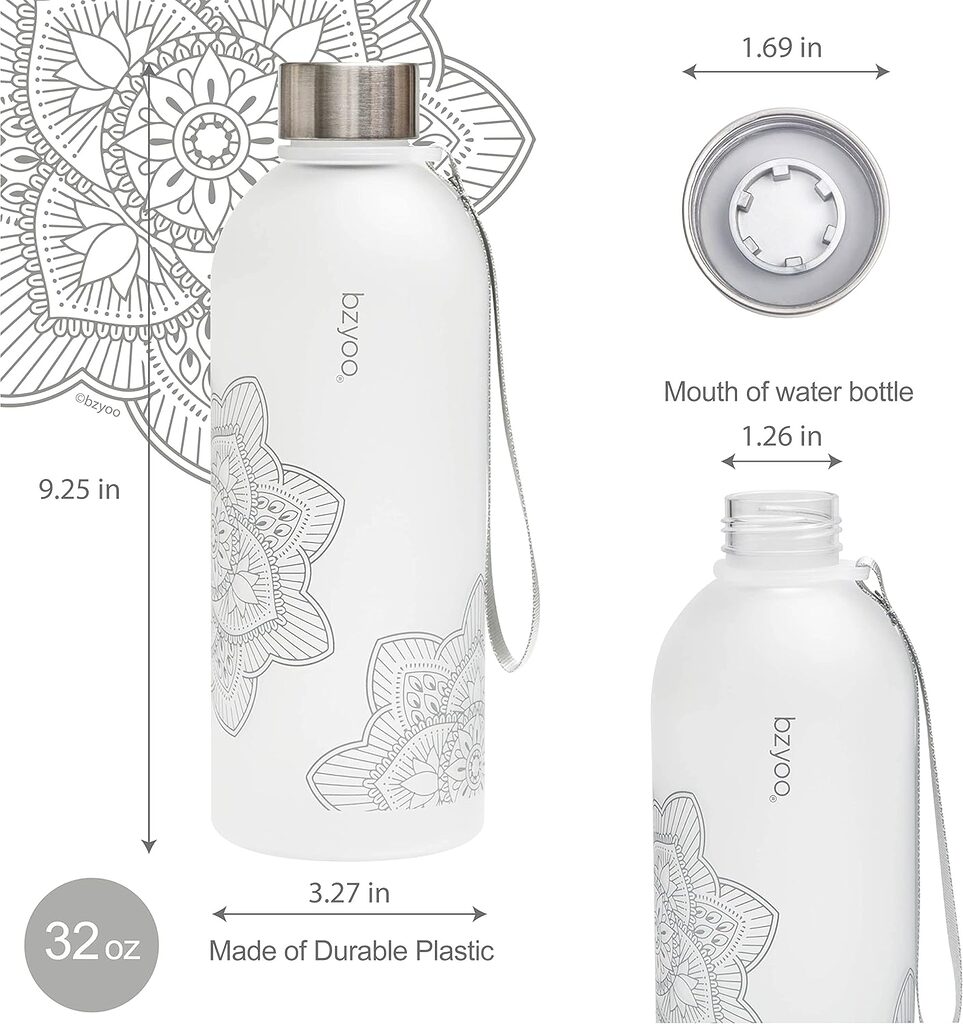 bzyoo 32 OZ 1 Liter Time Marker Water Bottle Frosted Durable Plastic With Strap - Reusable Clear Bottle With Times To Drink Time Markings For Daily Hydration Intake BPA Free (Silver)