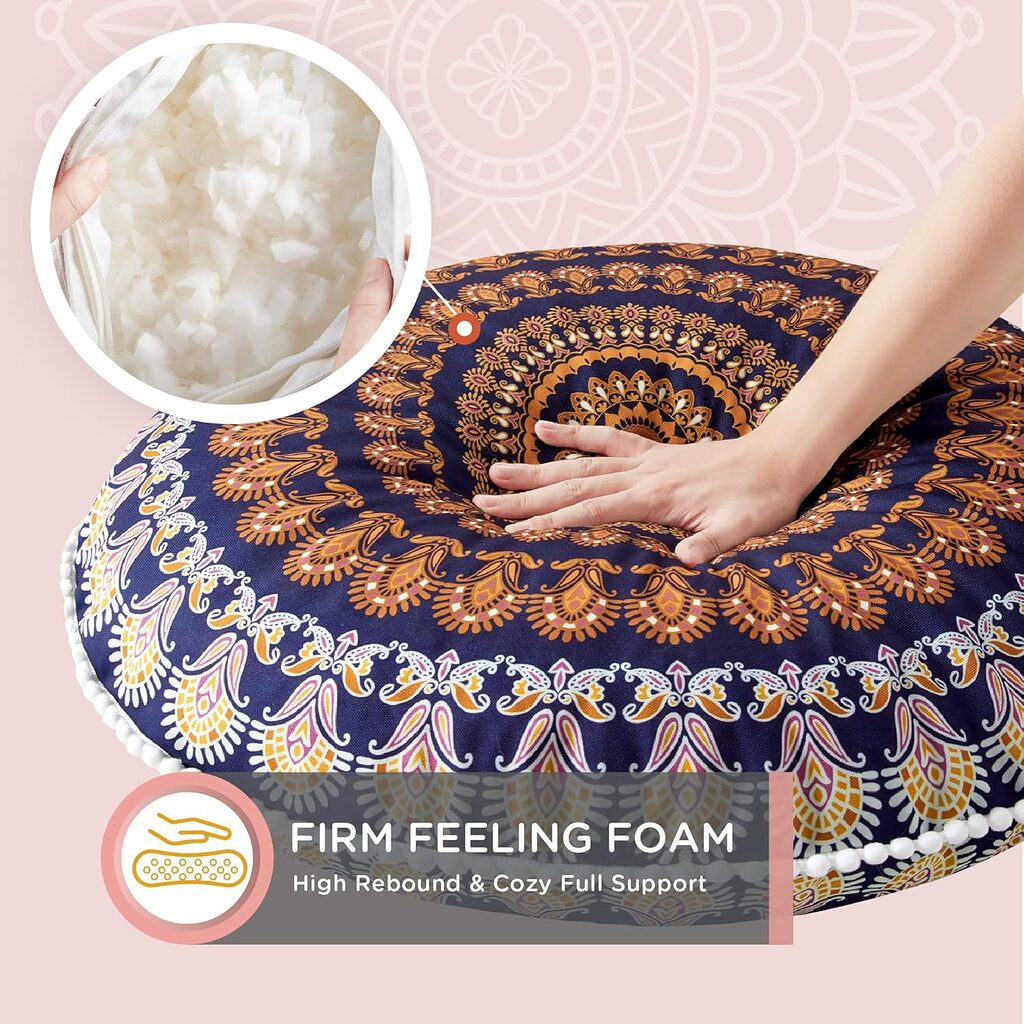 Codi Meditation Floor Pillow, Round Large Pillows Seating for Adults, Bohemian Mandala Circle Cushion for Outdoor Fireplace Yoga Living Room, 32 Inch, Memory Foam Added, Navy